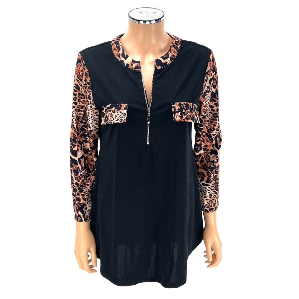 SHEIN Zipper Camp Shirt Womens SIZE MEDIUM Black Animal Leopard Tunic Top Blouse